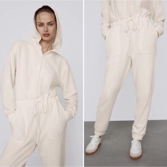 Zara Ecru Cream Zipped and Drawstring Waist Soft Touch Jumpsuit BNWT Large - Picture 6 of 15